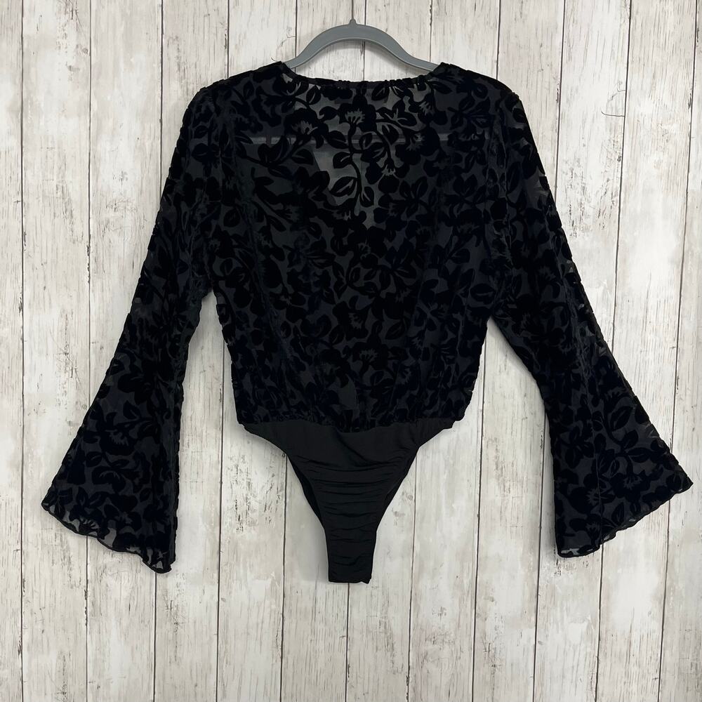 Mink Pink Black Floral Burnout Velvet Bodysuit Long Bell Sleeve Goth Romantic - Picture 2 of 10